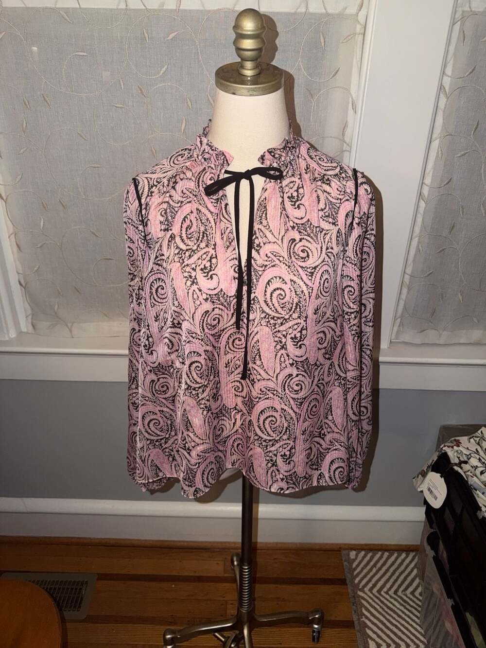 Maje Pink Paisley Lurex Tie-Neck Blouse, Size 1